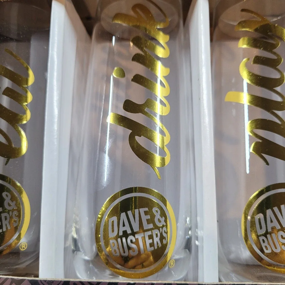 NEW Dave & Busters Stemless Flute Set 4 Pack Gold Eat Drink Play Win 7.6oz 17861